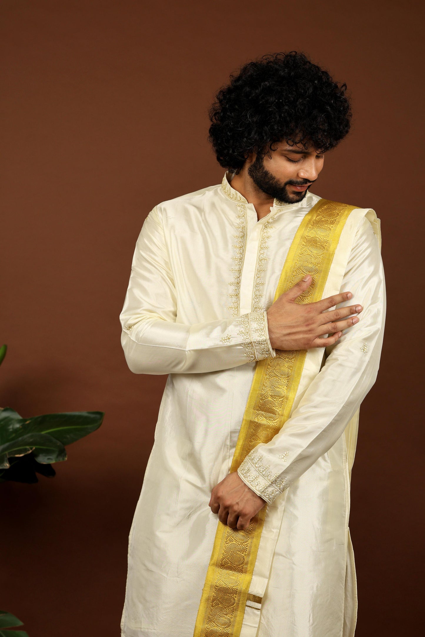 Kanjivaram Rose Gold Hand Emboirdered Pattu Kurta Set by Hilo Design - Distacart
