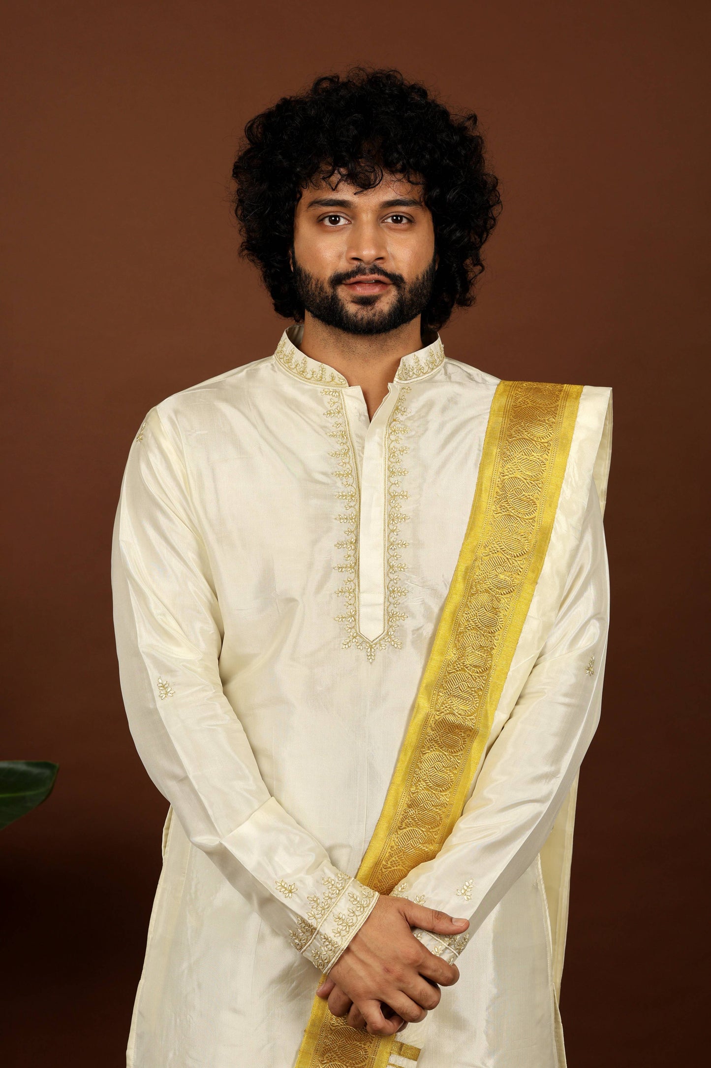 Kanjivaram Rose Gold Hand Emboirdered Pattu Kurta Set by Hilo Design - Distacart