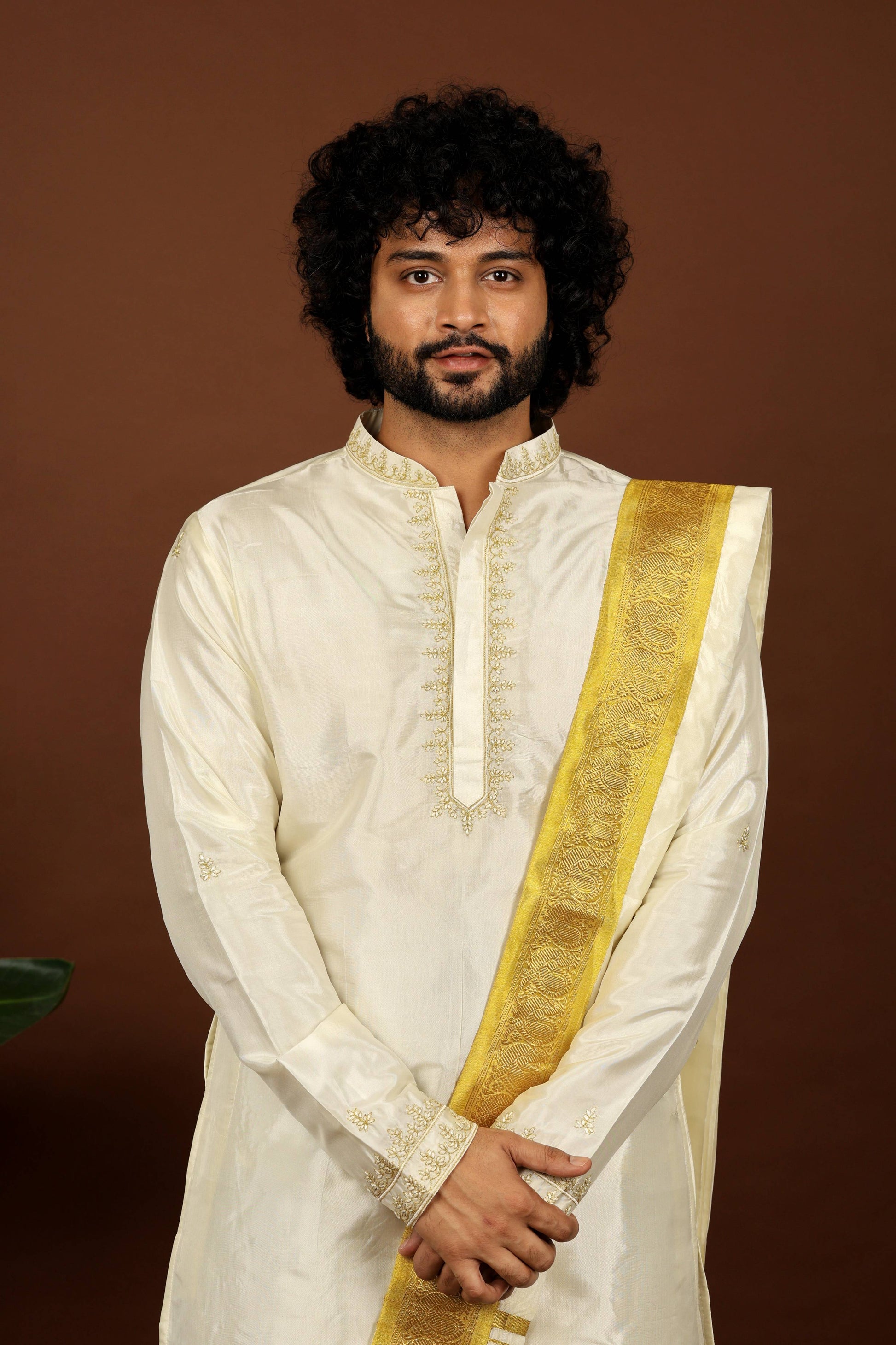 Kanjivaram Rose Gold Hand Emboirdered Pattu Kurta Set by Hilo Design - Distacart