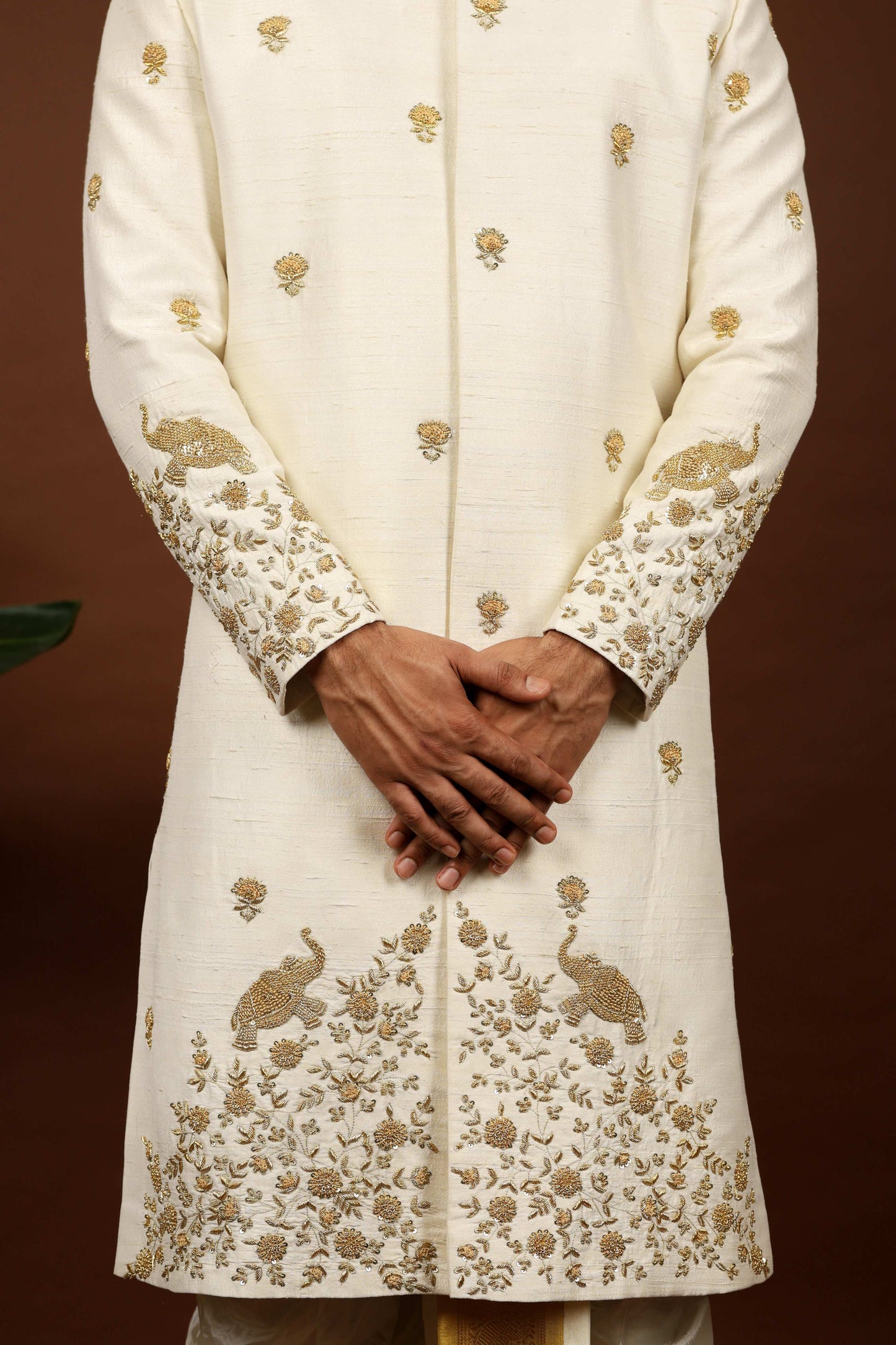 Off White Embroidered Sherwani by Hilo Design - Distacart