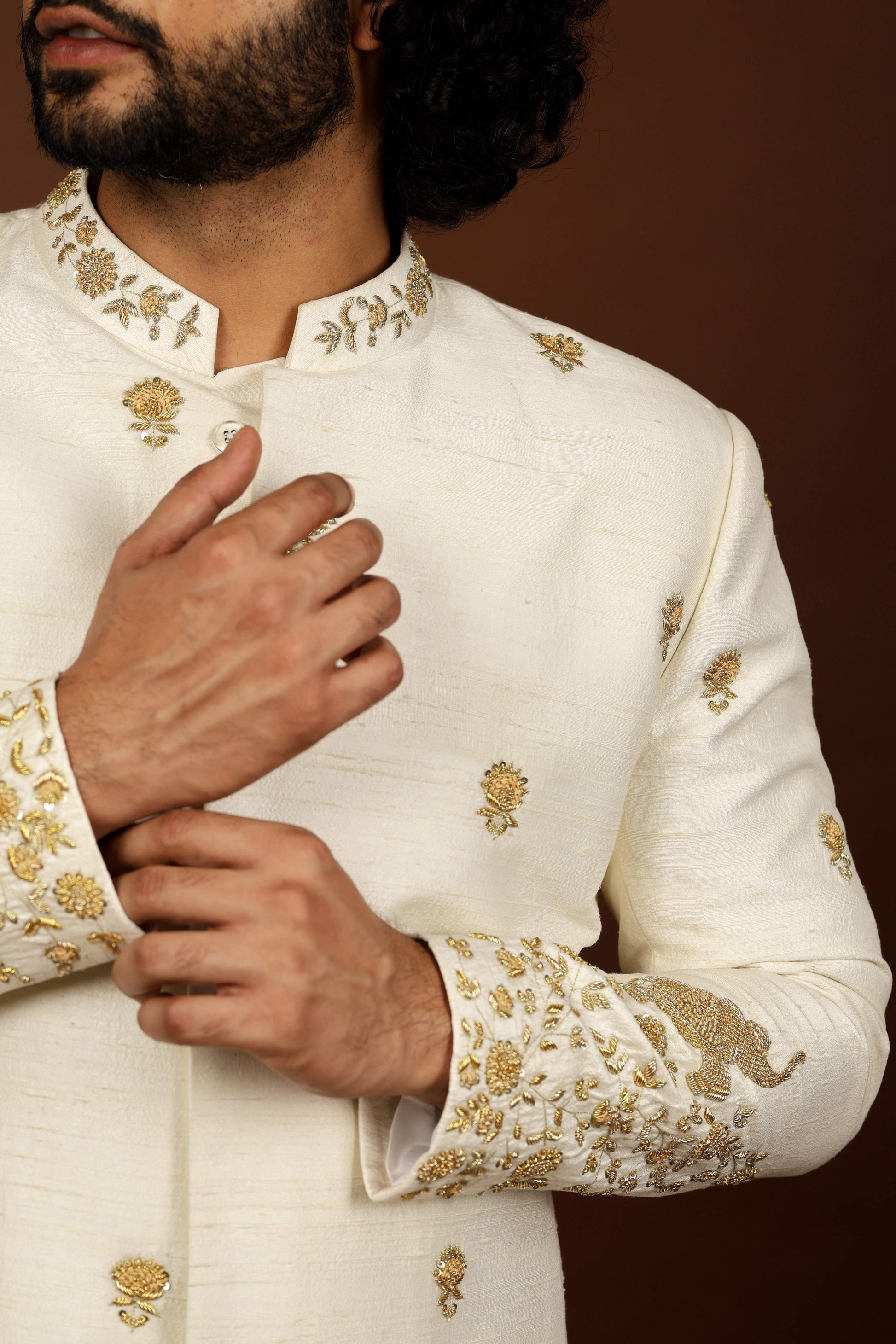 Off White Embroidered Sherwani by Hilo Design - Distacart