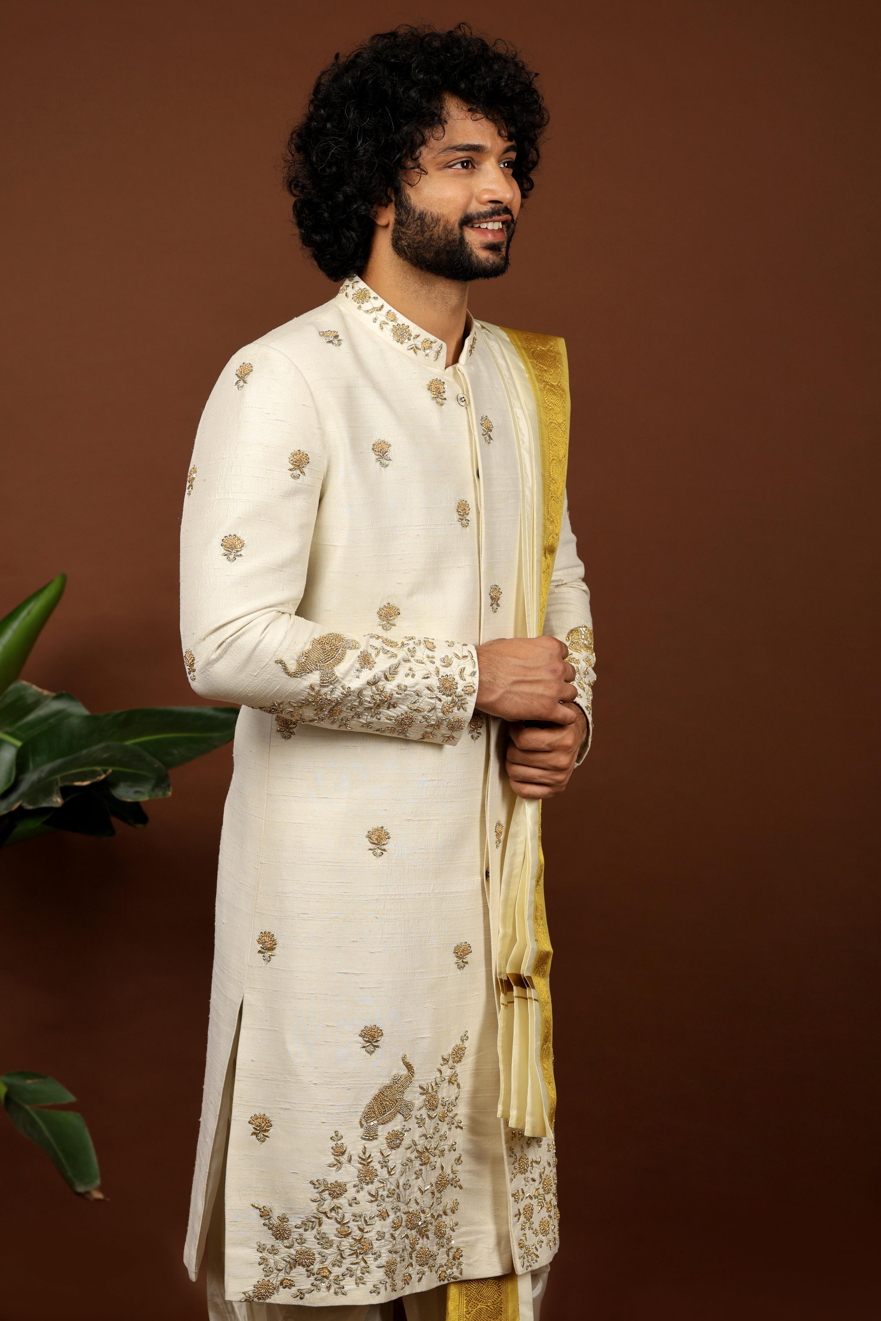 Off White Embroidered Sherwani by Hilo Design - Distacart