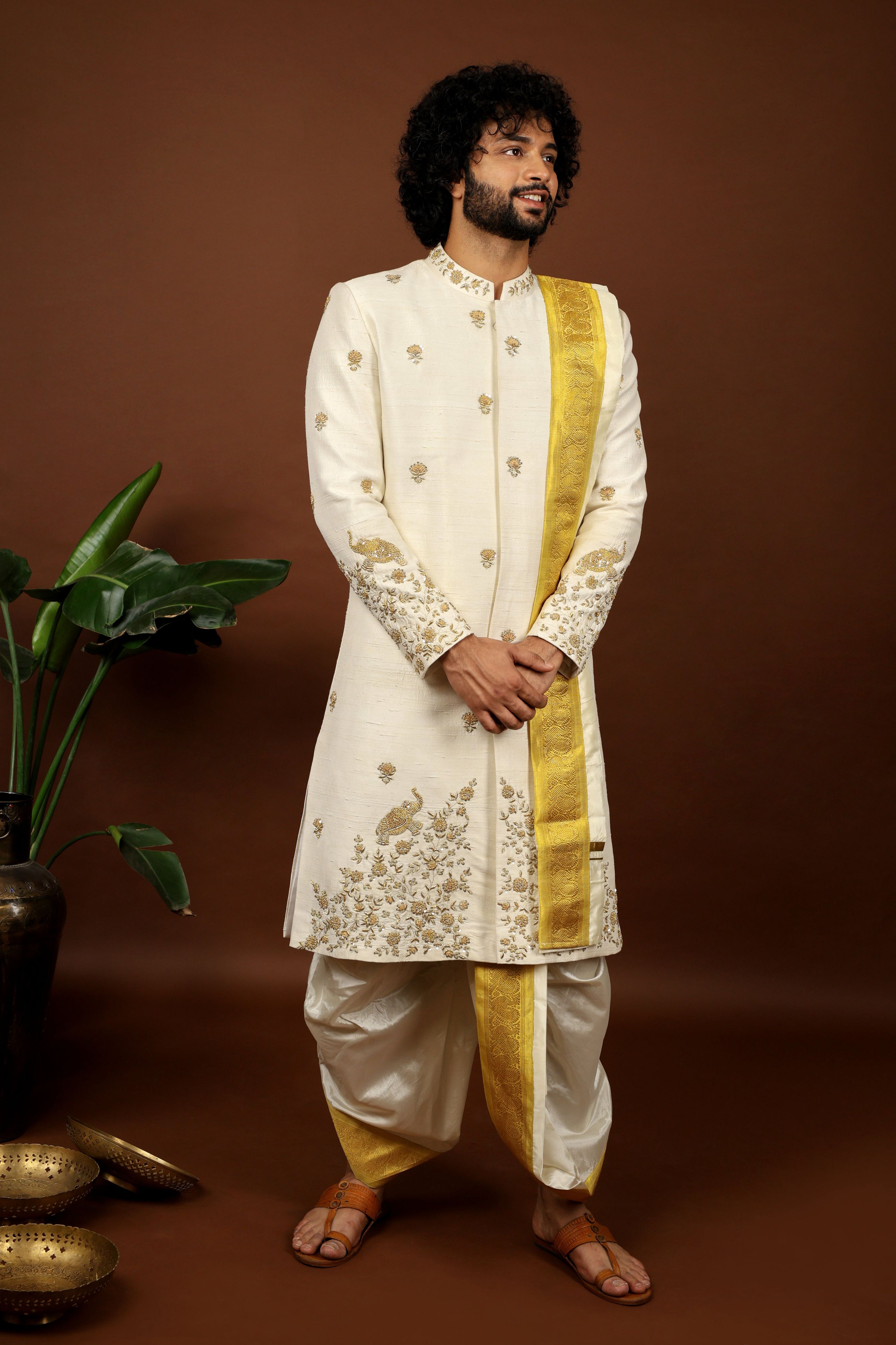 Off White Embroidered Sherwani by Hilo Design - Distacart