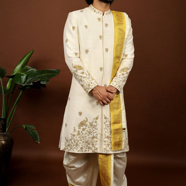 Off White Embroidered Sherwani by Hilo Design - Distacart