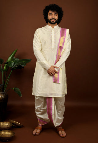 Off White Machine Embroidered Majestic Pattu Kurta Set by Hilo Design - Distacart