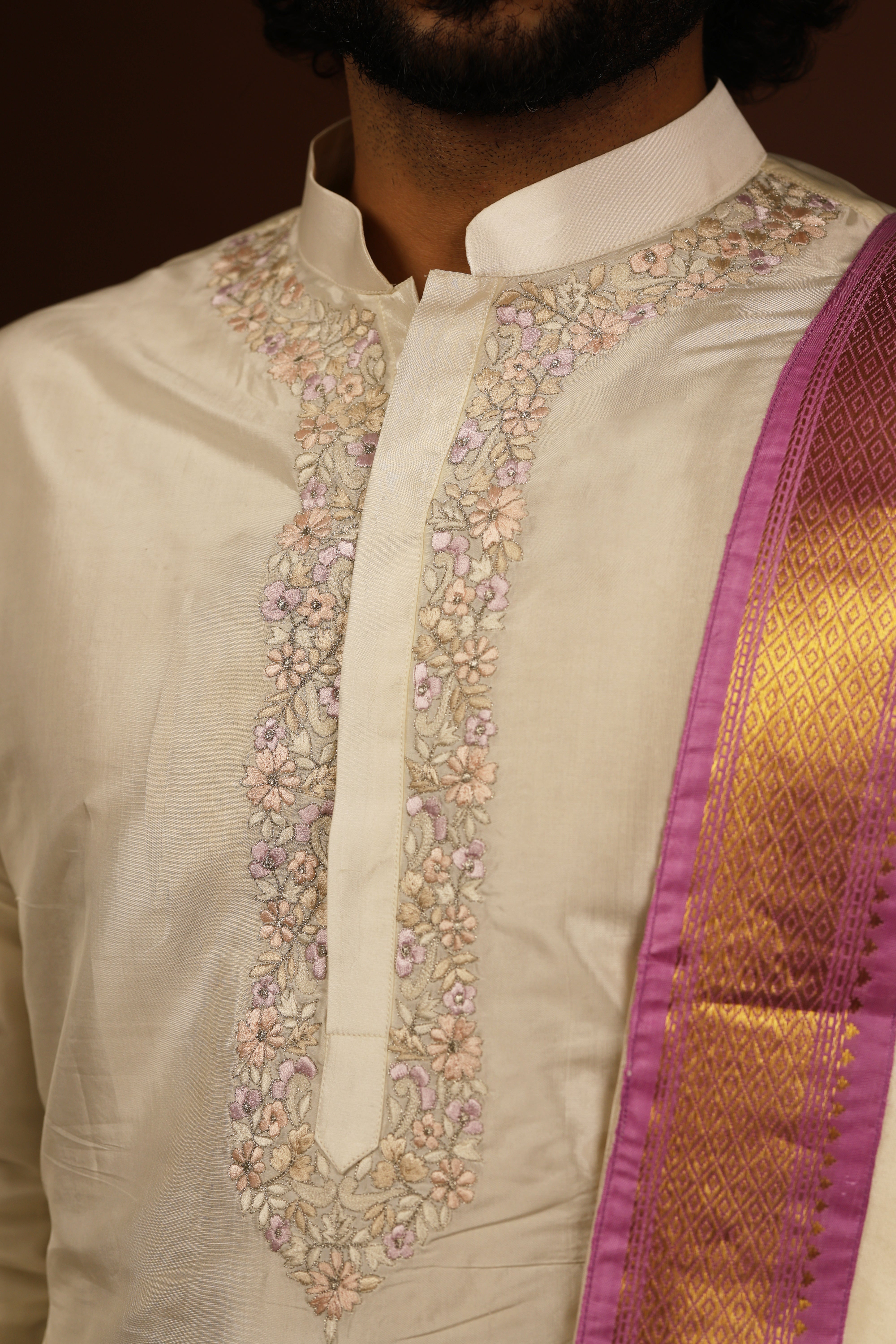 Off White Machine Embroidered Majestic Pattu Kurta Set by Hilo Design