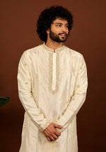 Thumbnail for Off White Machine Embroidered Grandeur Pattu Kurta Set by Hilo Design