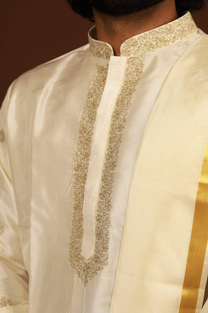 Off White Machine Embroidered Grandeur Pattu Kurta Set by Hilo Design - Distacart