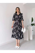 Thumbnail for Pimu Shirt Collar Patterned Meghan Dress - Black