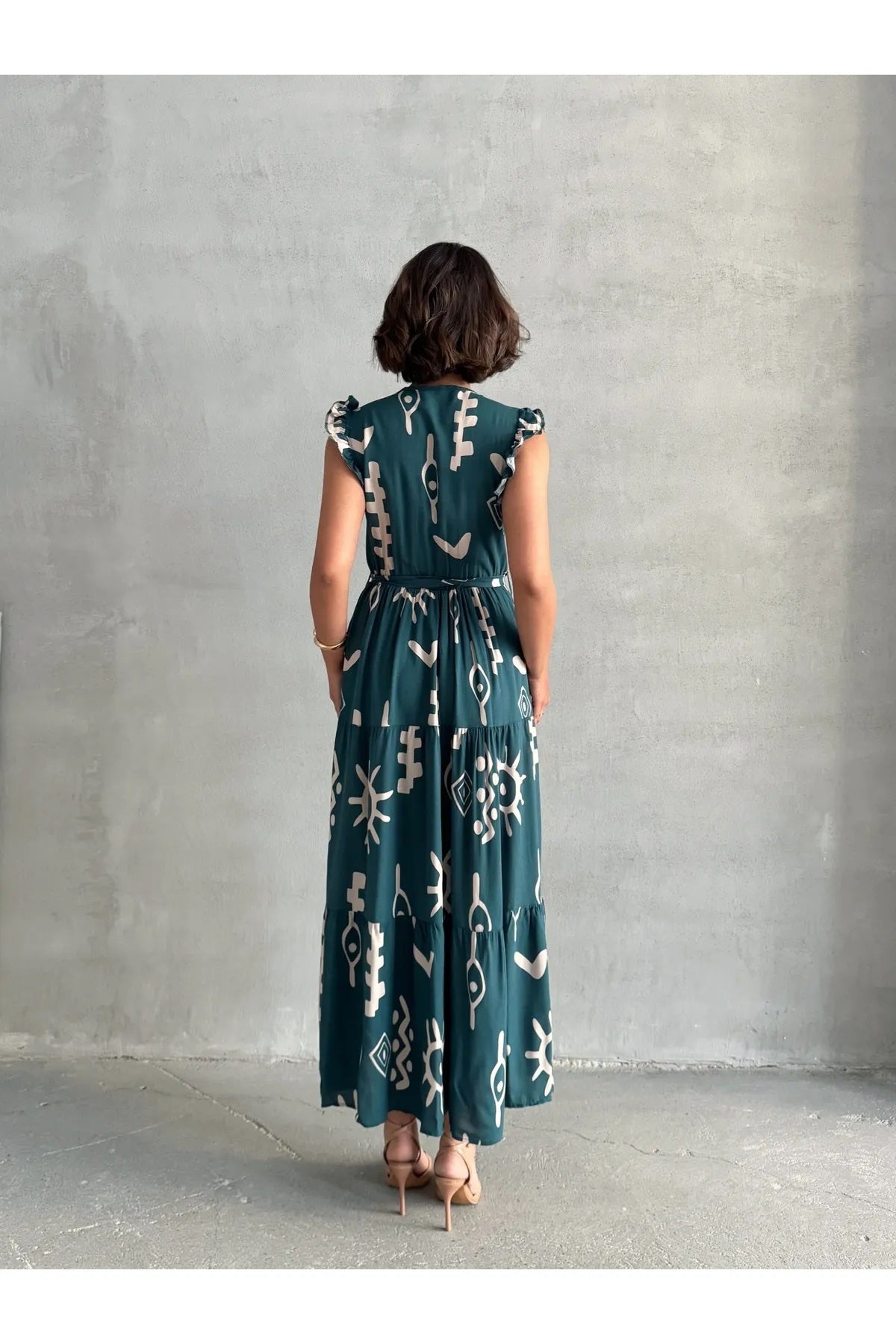 Pimu V-Neck Maxi Dress with Teal-Blue Graphic Print