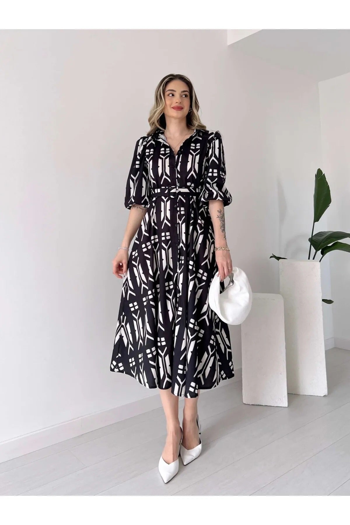 Pimu Shirt Collar Patterned Meghan Dress - Black