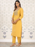Thumbnail for Ode by House of Pataudi Yellow Floral Yoke Design Round Neck Sequinned Straight Kurta - Distacart