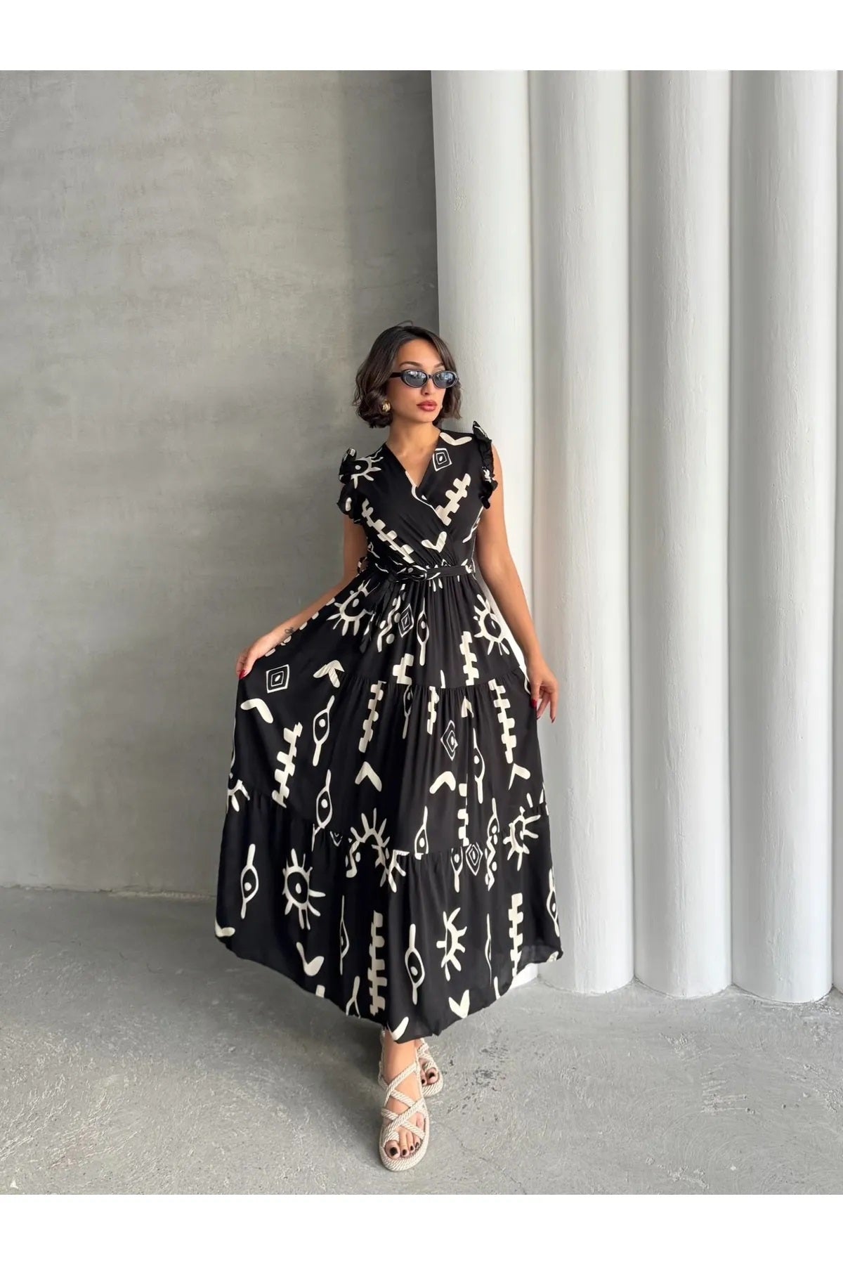 Pimu V-Neck Maxi Dress with Black Graphic Print