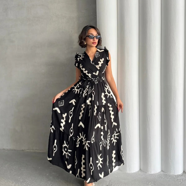 Pimu V-Neck Maxi Dress with Black Graphic Print