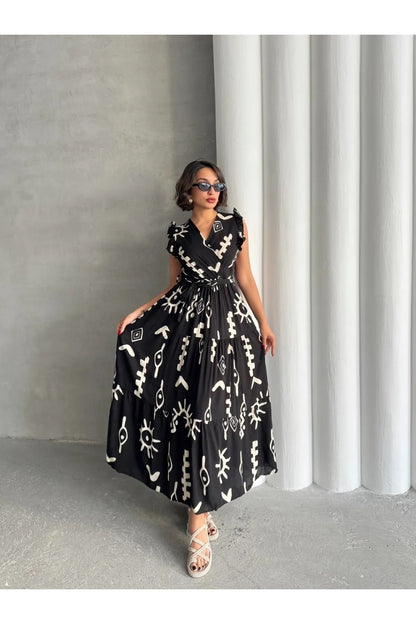 Pimu V-Neck Maxi Dress with Black Graphic Print - Distacart