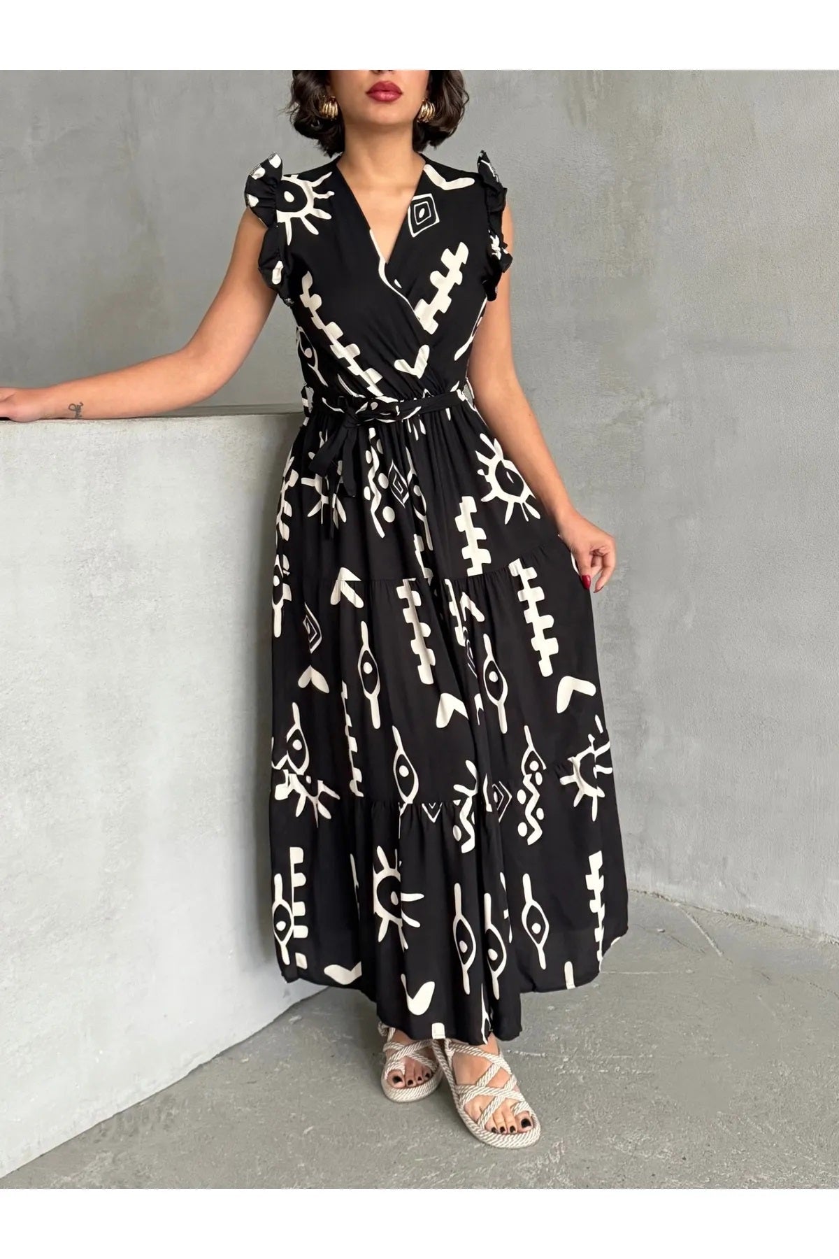 Pimu V-Neck Maxi Dress with Black Graphic Print