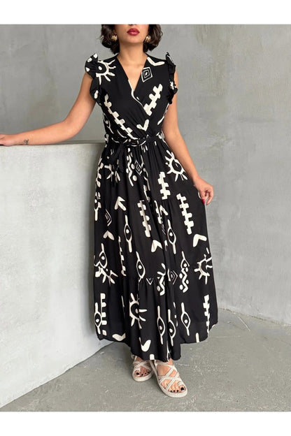 Pimu V-Neck Maxi Dress with Black Graphic Print - Distacart