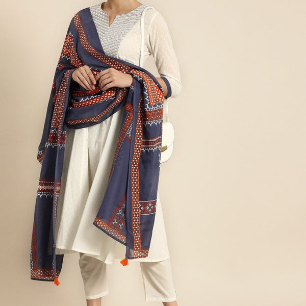 Anouk Women White Woven Design Kurta with Trousers & Dupatta - Distacart