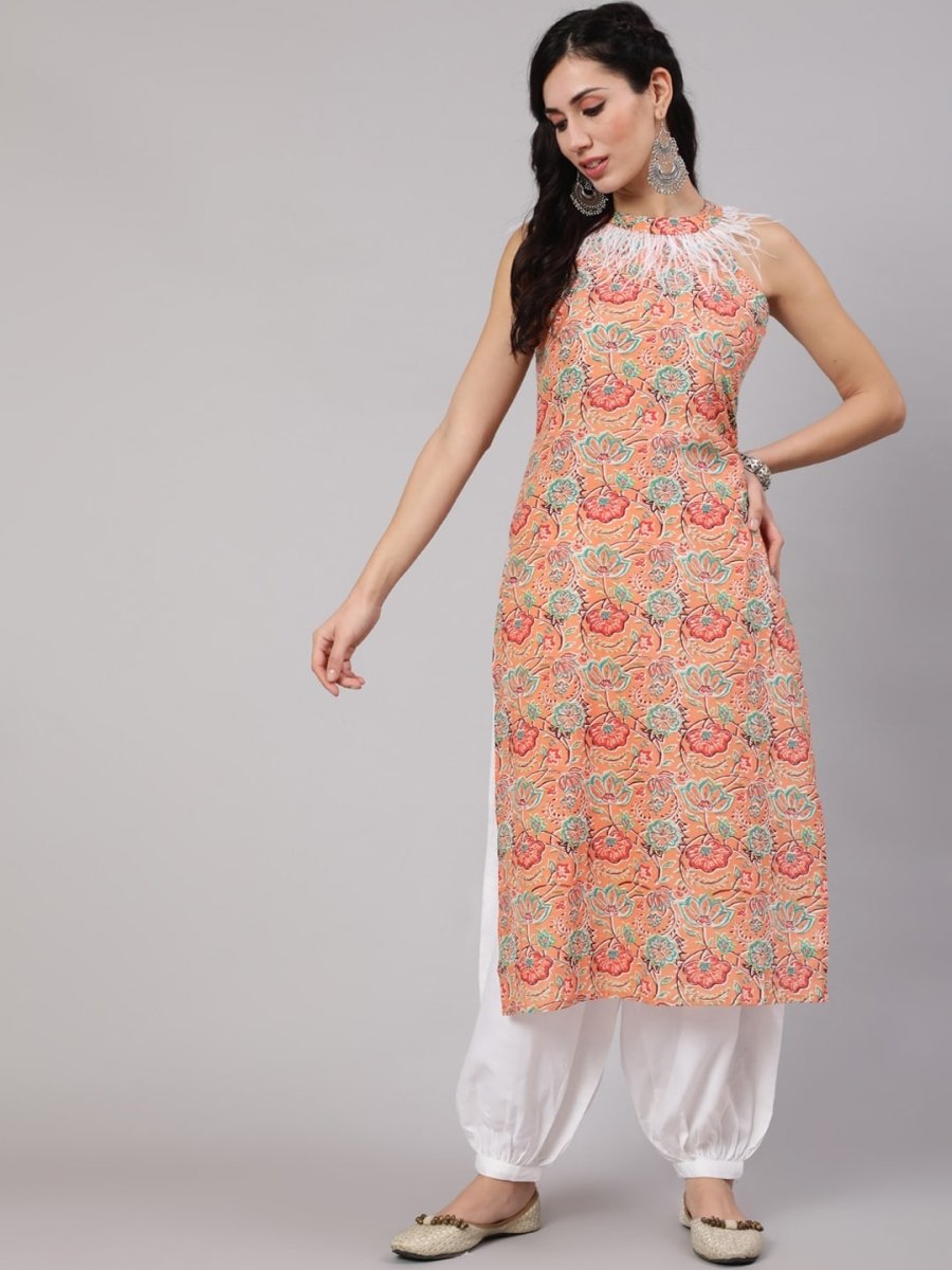 Aks Ethnic Motifs Printed Halter Neck Cotton Kurta - Distacart