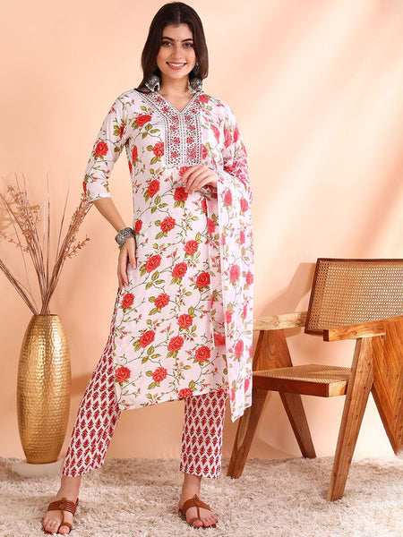 Ode by House of Pataudi Floral Printed Pure Cotton Kurta with Trousers & Dupatta - Distacart