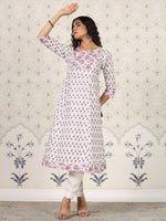 Thumbnail for Ode by House of Pataudi White Floral Printed Pure Cotton A-Line Kurta - Distacart