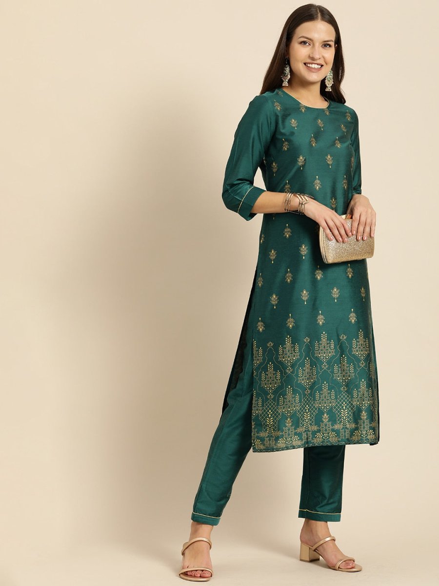 All About You Women Teal Green Ethnic Motifs Kurta with Trousers - Distacart