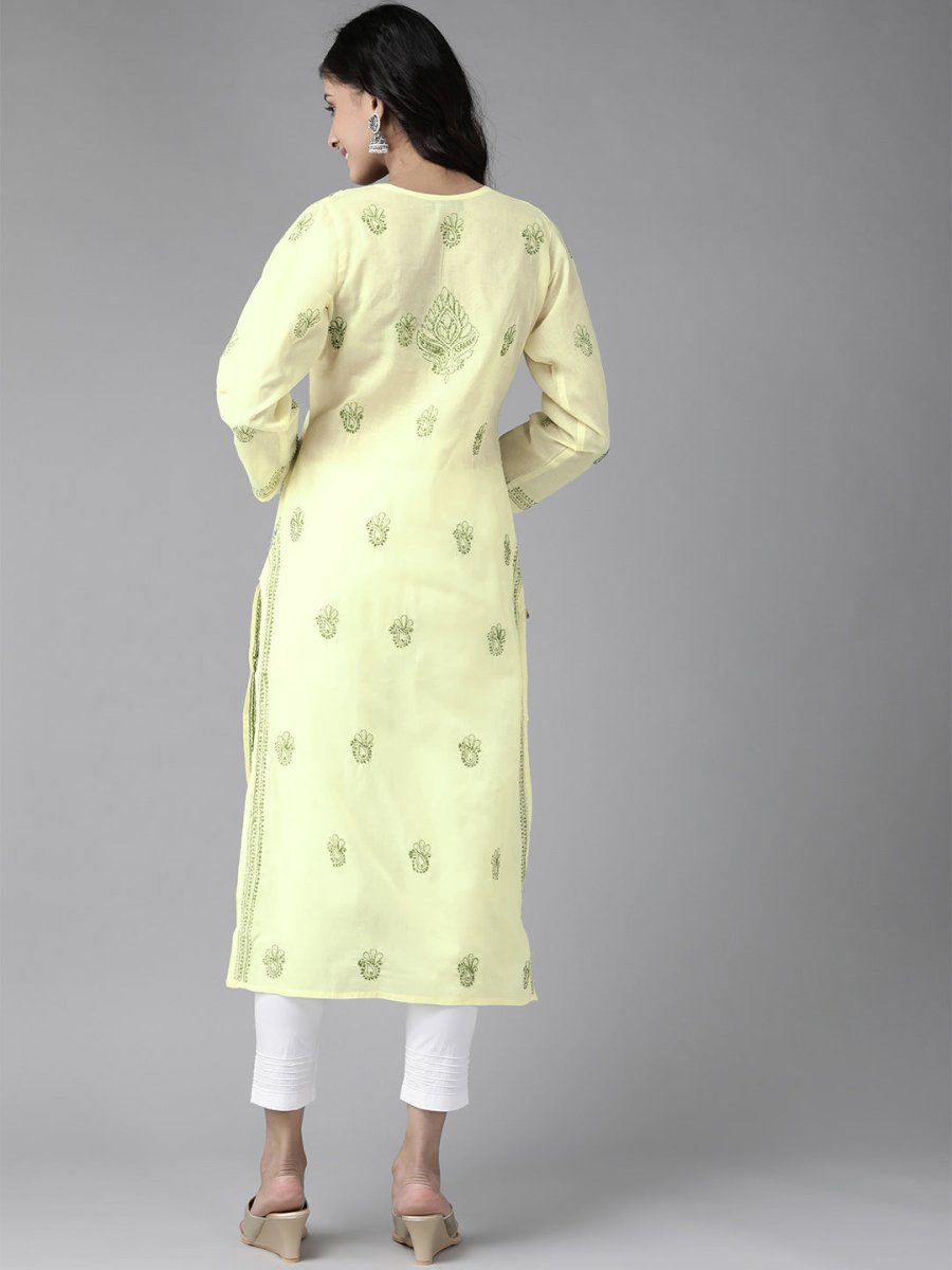 ADA Women Yellow & Green Embroidered Chikankari Handloom Kurta Handloom Kurta with Trousers - Distacart
