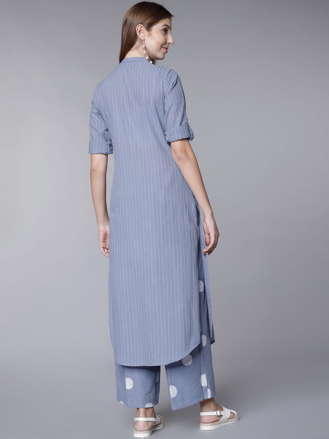 Vishudh Blue & White Striped High Slit Pure Cotton Straight Kurta with Palazzos - Distacart