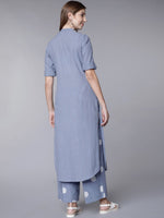 Thumbnail for Vishudh Blue & White Striped High Slit Pure Cotton Straight Kurta with Palazzos - Distacart