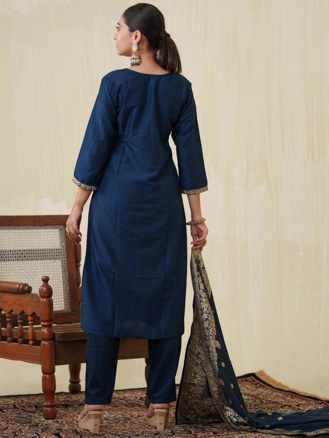 Ode by House of Pataudi Ethnic Motifs Yoke Design Sequinned Kurta With Trousers & Dupatta - Distacart