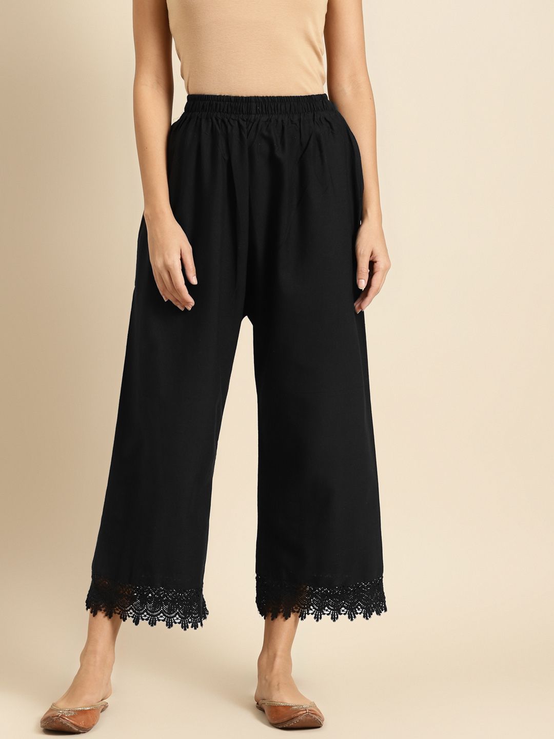 TAG 7 Women Black Solid Hem Design Straight Palazzos - Distacart