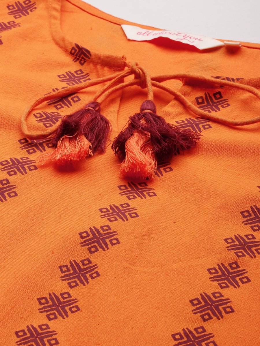 All About You Women Orange Printed Kurta with Maroon Solid Trousers - Distacart