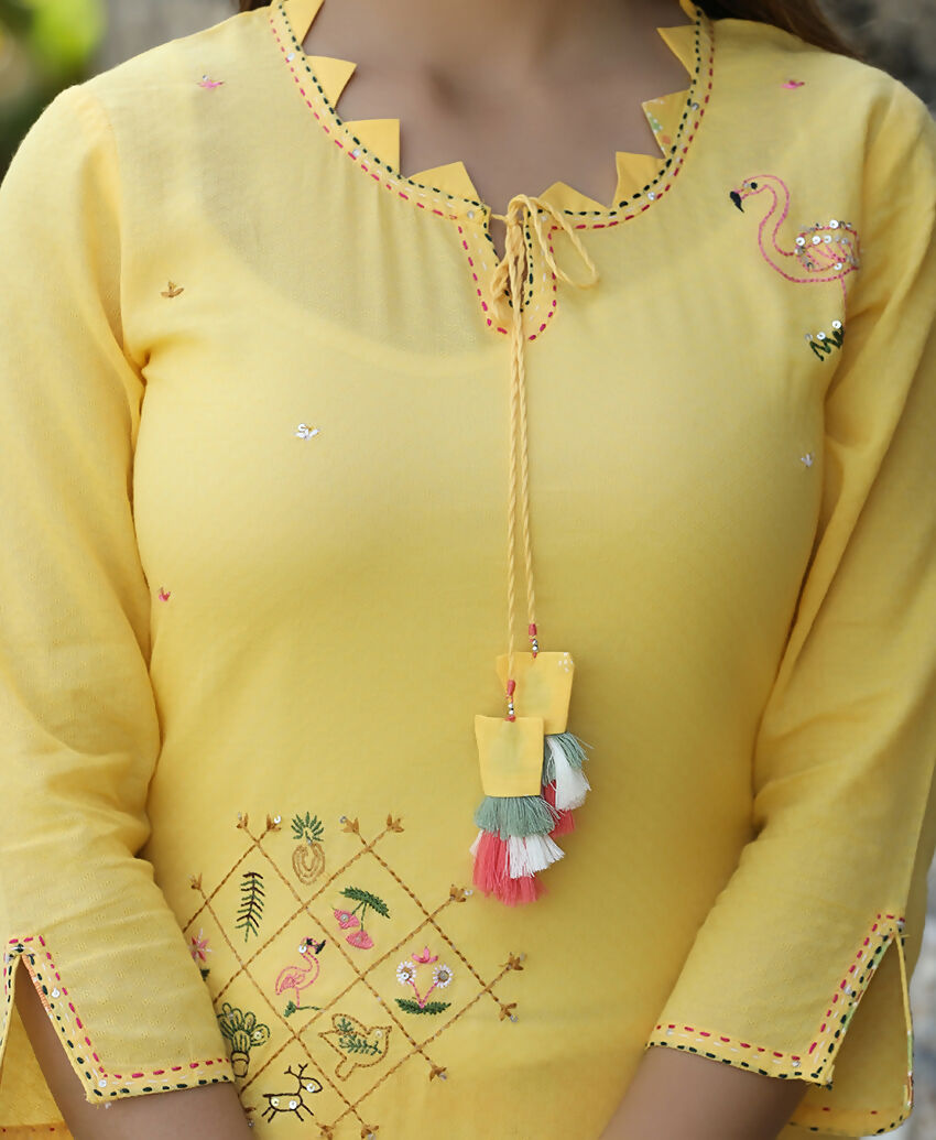 Kaajh Women's Yellow Embroidery Kurta Sharara Set - Distacart