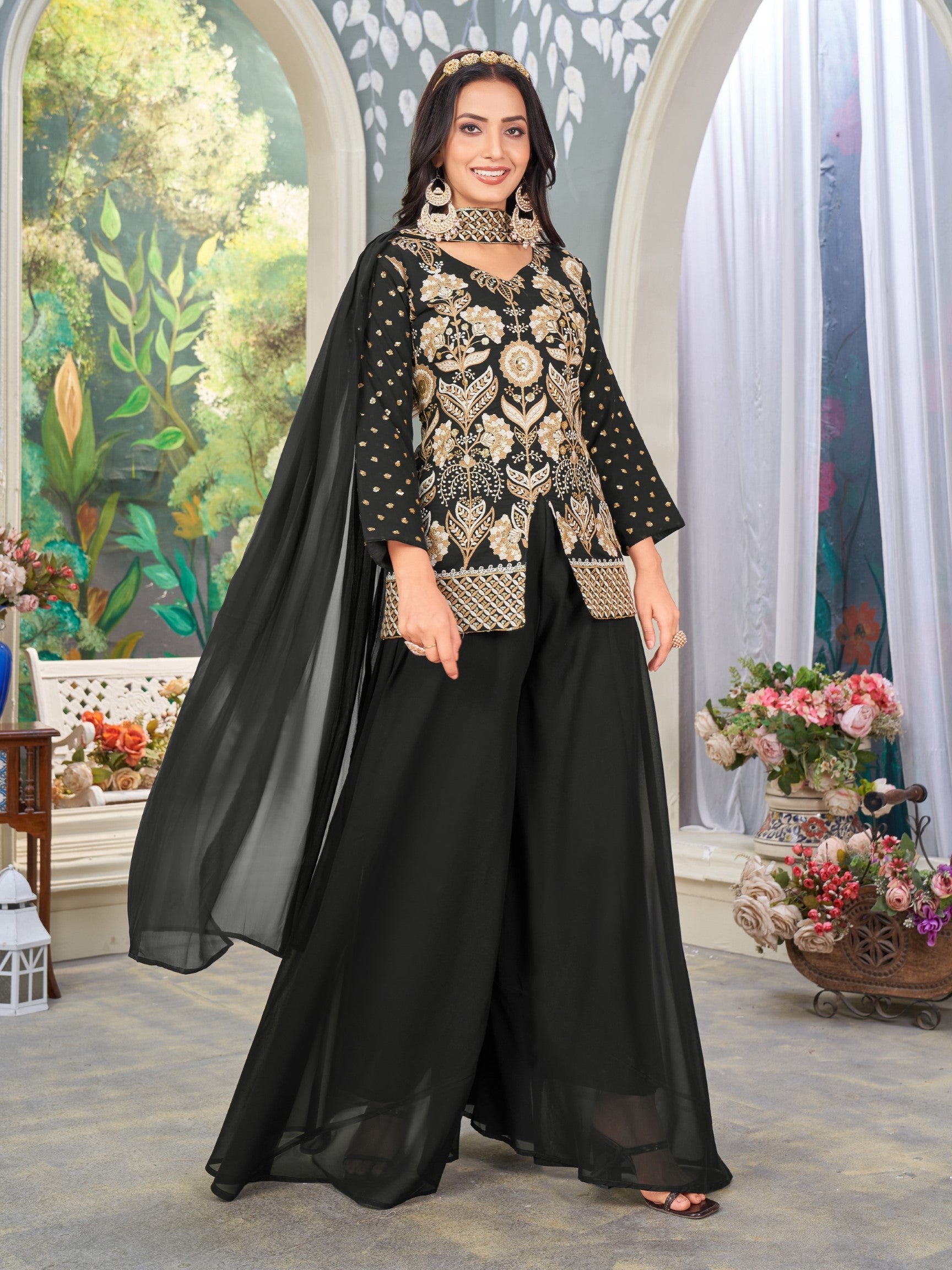 Anaita Black Heavy Embroidered Faux Georgette Stitched Plazzo Suit - Distacart