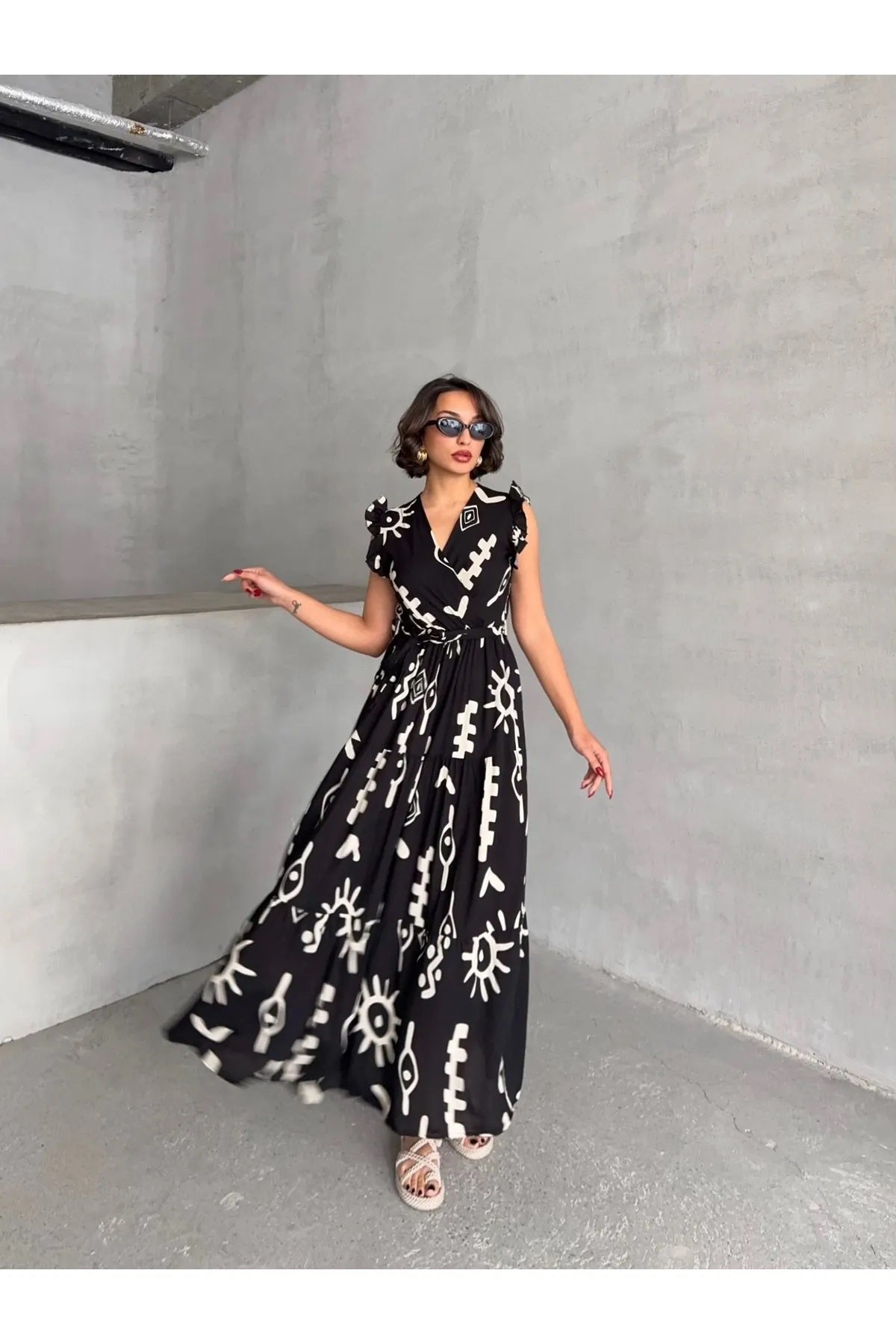 Pimu V-Neck Maxi Dress with Black Graphic Print