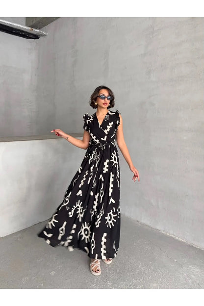 Pimu V-Neck Maxi Dress with Black Graphic Print - Distacart
