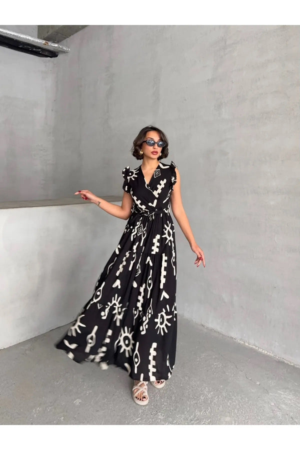 Pimu V-Neck Maxi Dress with Black Graphic Print