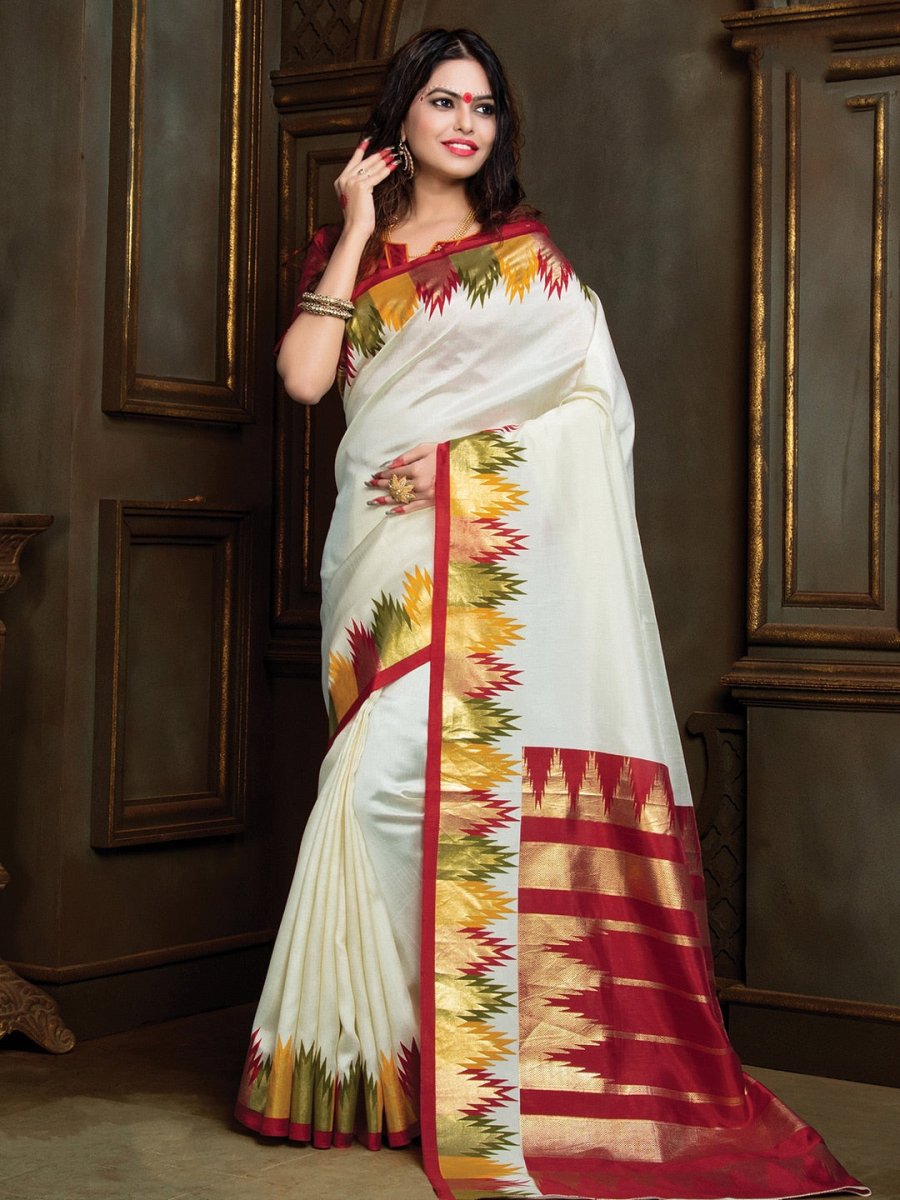 Anouk Off White & Red Abstract Woven Design Zari Silk Blend Bagru Saree - Distacart