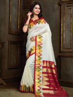 Thumbnail for Anouk Off White & Red Abstract Woven Design Zari Silk Blend Bagru Saree - Distacart