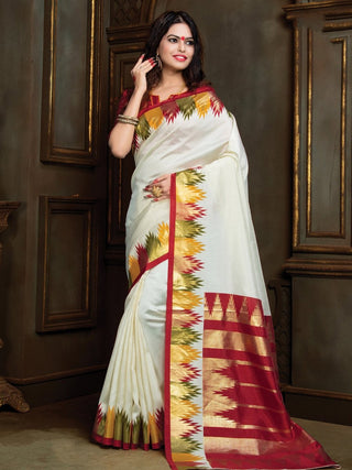 Anouk Off White & Red Abstract Woven Design Zari Silk Blend Bagru Saree - Distacart