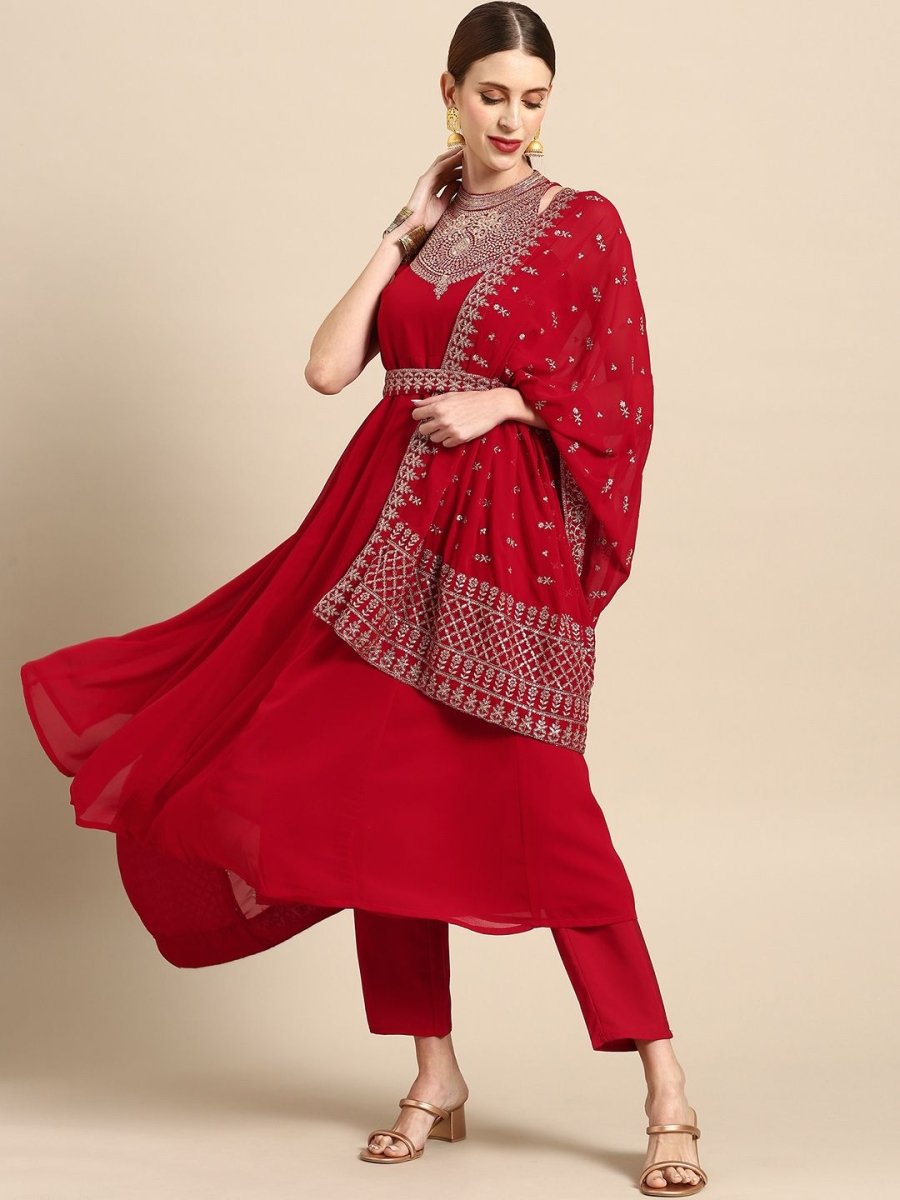 Anouk Women Red Ethnic Motifs Embroidered Kurta with Trousers & Dupatta - Distacart