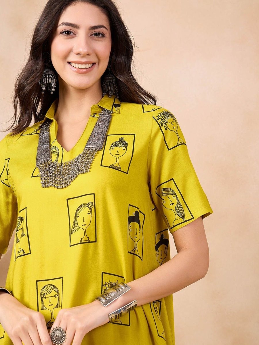 Anouk Mustard Yellow Ethnic Motifs Printed Shirt Collar A-Line Kurta - Distacart