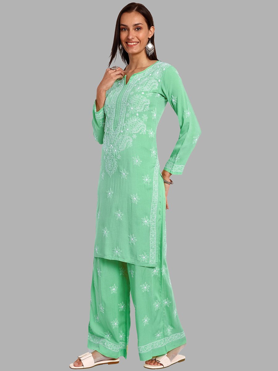 ADA Floral Embroidered Long Sleeves Regular Lucknowi Chikankari Kurta With Palazzos - Distacart