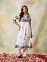 Thumbnail for HOUSE OF KARI Notched Neck Floral Embroidered Chikankari Cotton Kurta - Distacart