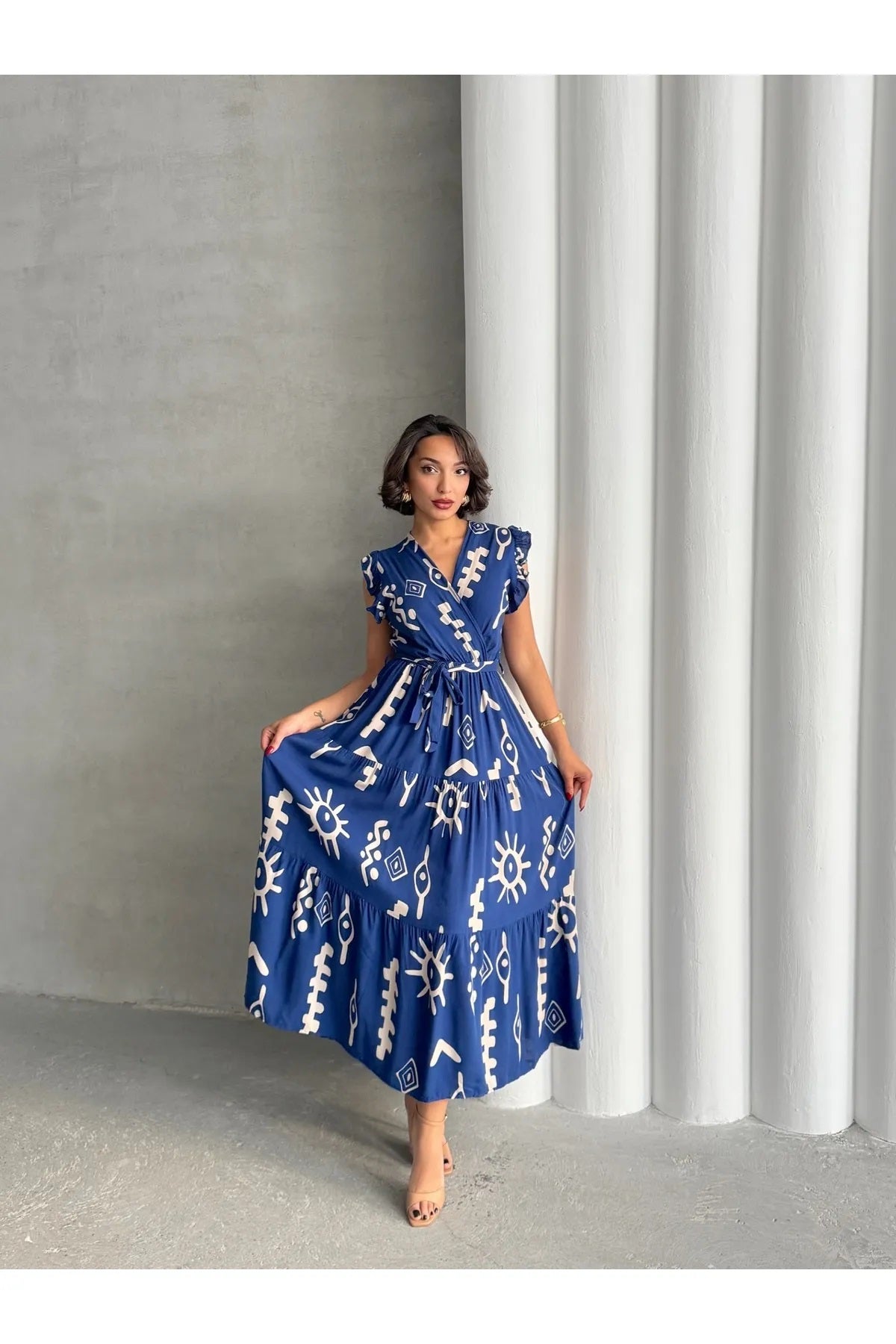 Pimu V-Neck Maxi Dress with Royal-Blue Graphic Print