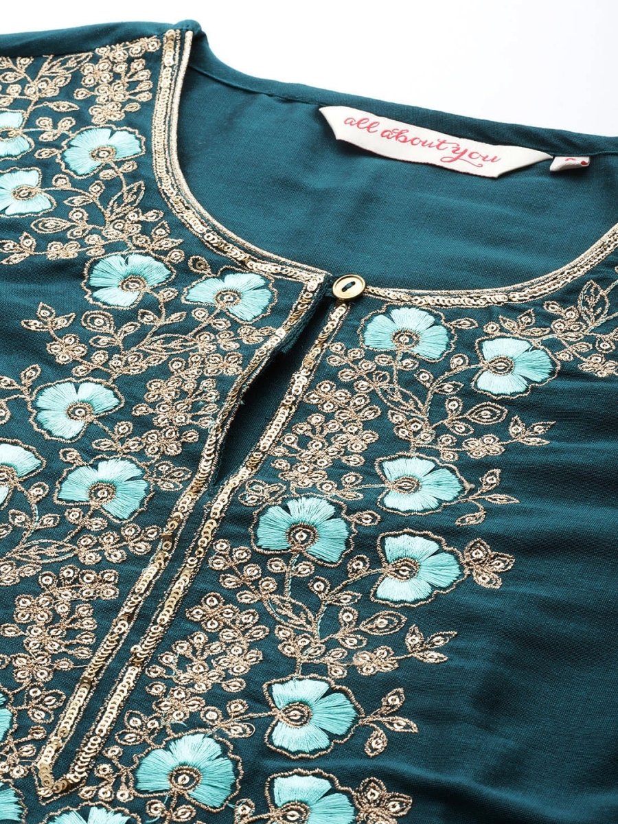All About You Ethnic Motifs Embroidered Yoke Design Regular Sequinned Kurta with Palazzos - Distacart