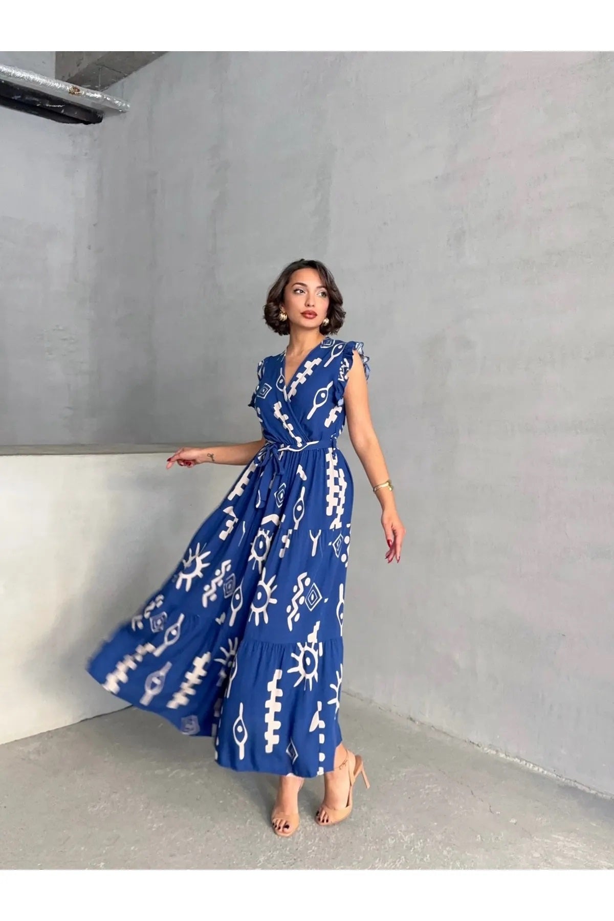 Pimu V-Neck Maxi Dress with Royal-Blue Graphic Print