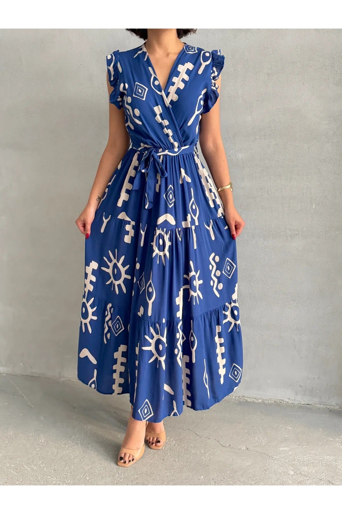 Pimu V-Neck Maxi Dress with Royal-Blue Graphic Print
