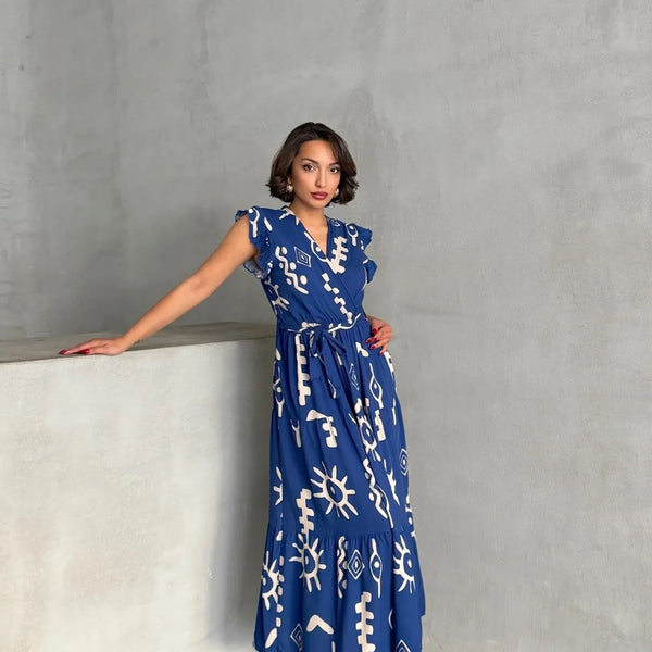 Pimu V-Neck Maxi Dress with Royal-Blue Graphic Print