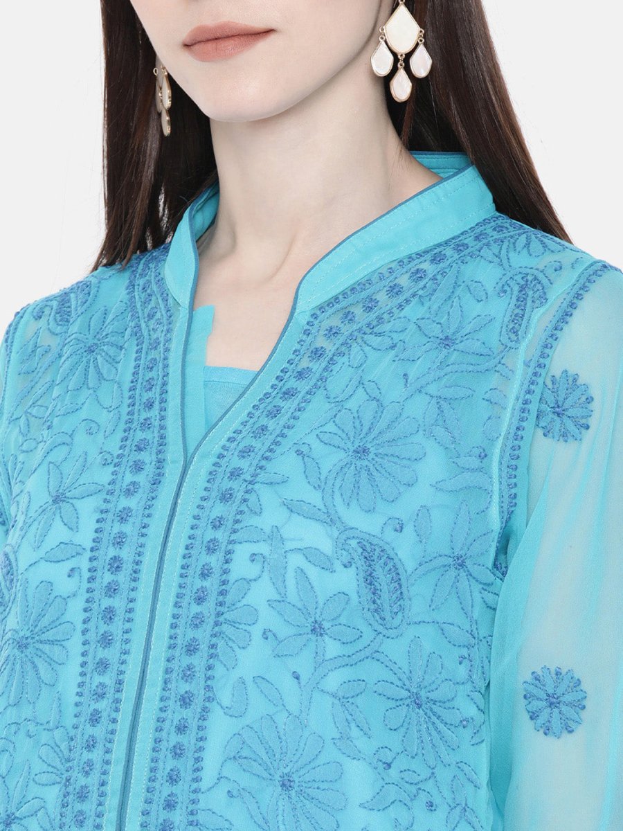 ADA Women Blue Embroidered Lucknow Chikankari Straight Kurta With Slip - Distacart